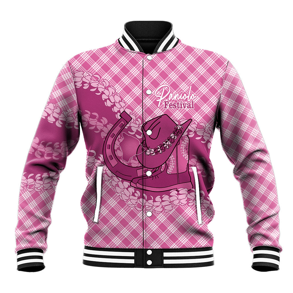 Alaka Hawaii Cowboy Palaka Motifs Personalised Baseball Jacket Paniolo Festival Puakenikeni Lei LT14 Unisex Pink - Polynesian Pride