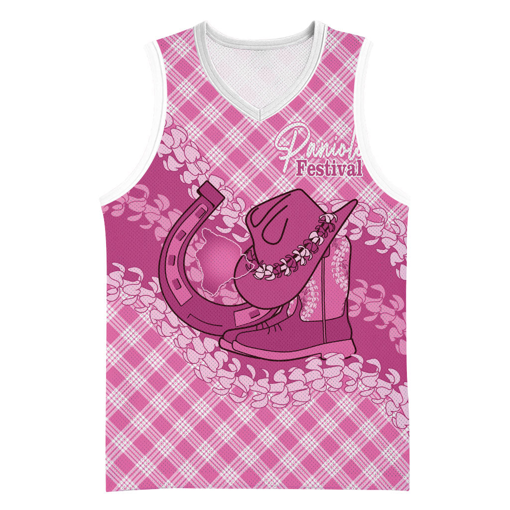 Alaka Hawaii Cowboy Palaka Motifs Personalised Basketball Jersey Paniolo Festival Puakenikeni Lei LT14 Unisex Pink - Polynesian Pride