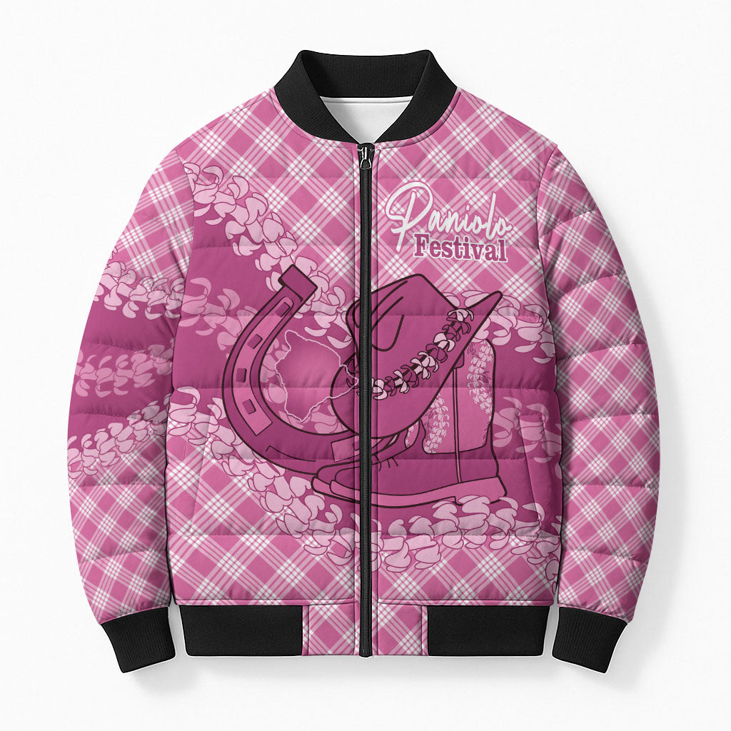 Alaka Hawaii Cowboy Palaka Motifs Personalised Bomber Puffer Jacket Paniolo Festival Puakenikeni Lei LT14 Unisex Pink - Polynesian Pride