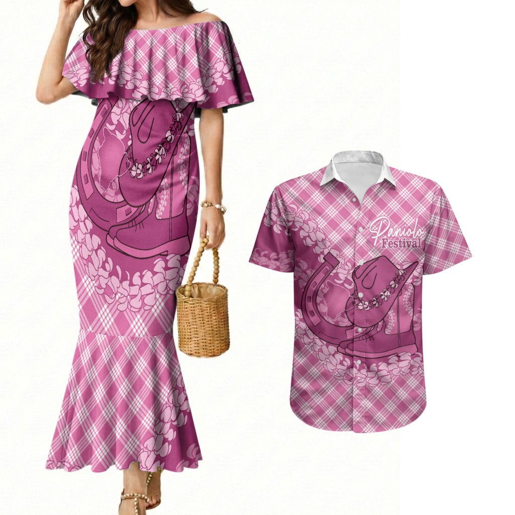 Alaka Hawaii Cowboy Palaka Motifs Personalised Couples Matching Mermaid Dress and Hawaiian Shirt Paniolo Festival Puakenikeni Lei LT14 Pink - Polynesian Pride
