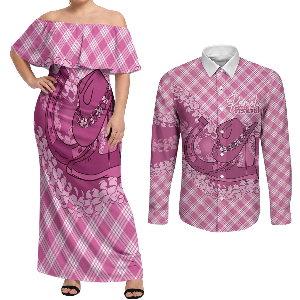 Alaka Hawaii Cowboy Palaka Motifs Personalised Couples Matching Off Shoulder Maxi Dress and Long Sleeve Button Shirt Paniolo Festival Puakenikeni Lei LT14 Pink - Polynesian Pride