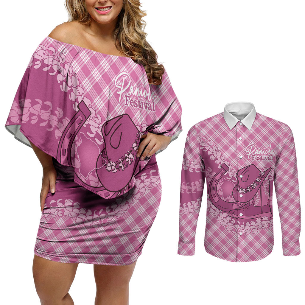 Alaka Hawaii Cowboy Palaka Motifs Personalised Couples Matching Off Shoulder Short Dress and Long Sleeve Button Shirt Paniolo Festival Puakenikeni Lei LT14 Pink - Polynesian Pride