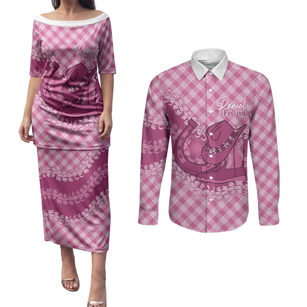Alaka Hawaii Cowboy Palaka Motifs Personalised Couples Matching Puletasi and Long Sleeve Button Shirt Paniolo Festival Puakenikeni Lei LT14 Pink - Polynesian Pride