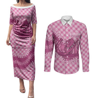 Alaka Hawaii Cowboy Palaka Motifs Personalised Couples Matching Puletasi and Long Sleeve Button Shirt Paniolo Festival Puakenikeni Lei LT14 Pink - Polynesian Pride