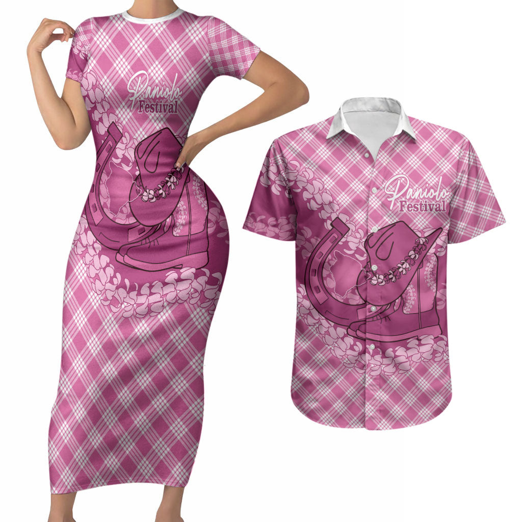 Alaka Hawaii Cowboy Palaka Motifs Personalised Couples Matching Short Sleeve Bodycon Dress and Hawaiian Shirt Paniolo Festival Puakenikeni Lei LT14 Pink - Polynesian Pride