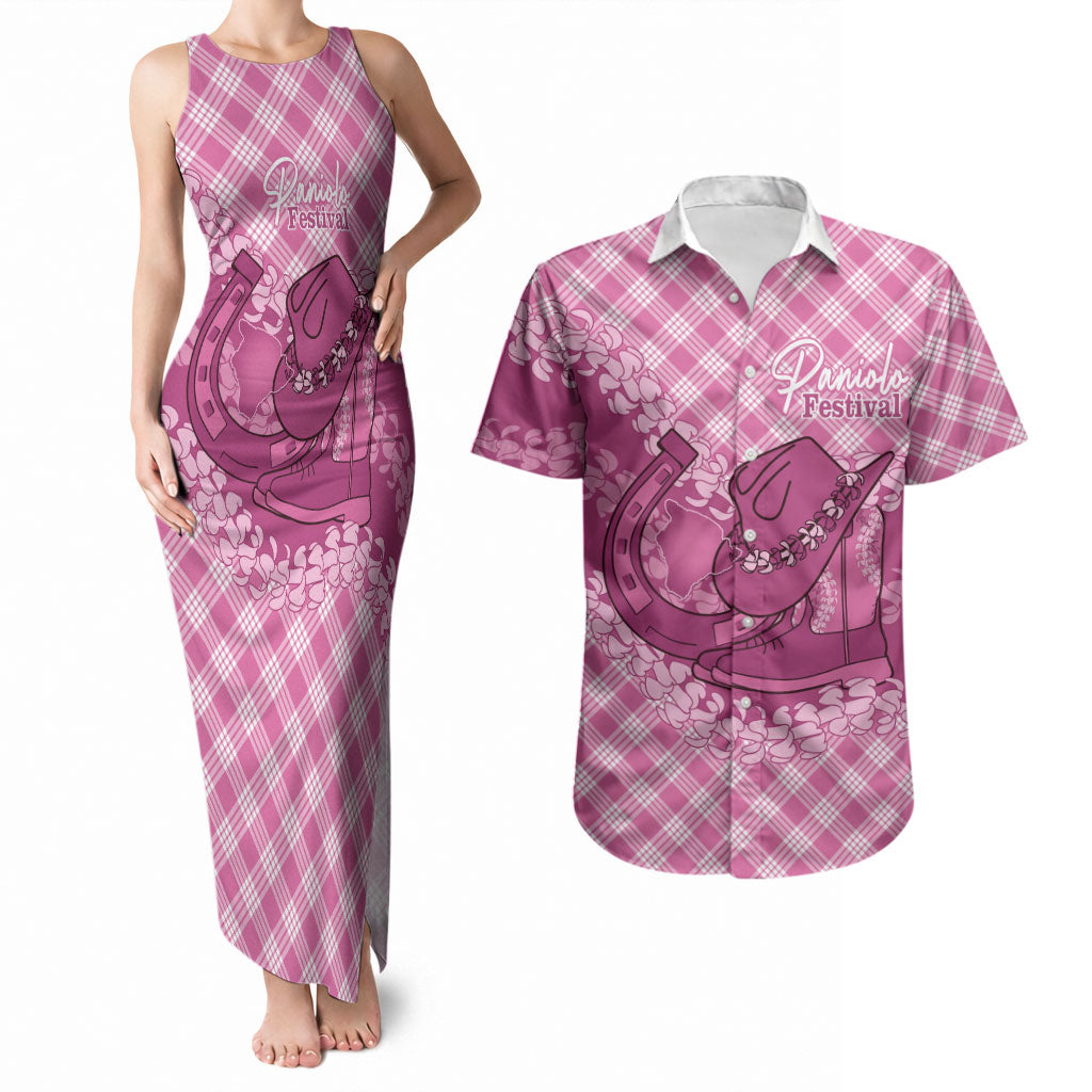 Alaka Hawaii Cowboy Palaka Motifs Personalised Couples Matching Tank Maxi Dress and Hawaiian Shirt Paniolo Festival Puakenikeni Lei LT14 Pink - Polynesian Pride