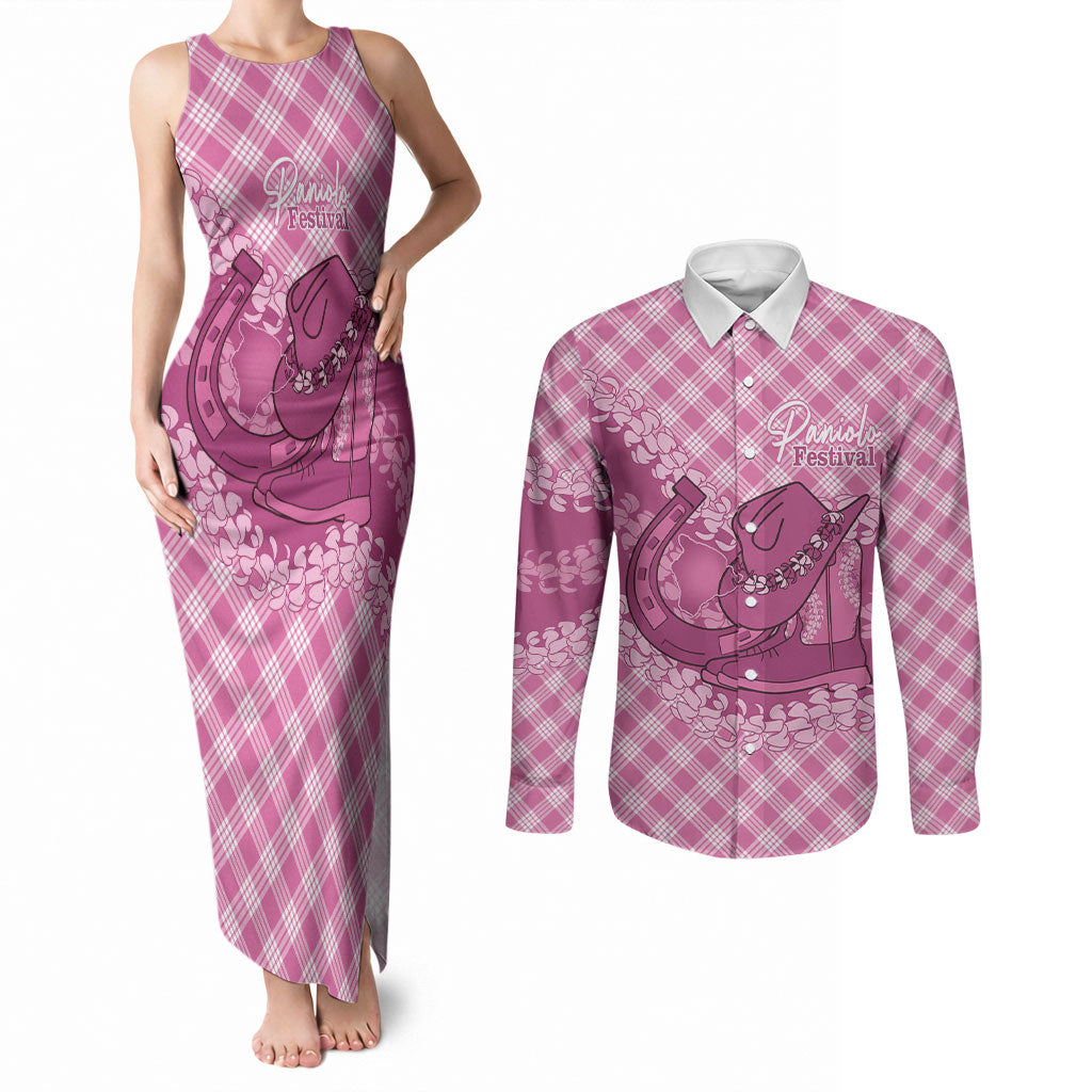 Alaka Hawaii Cowboy Palaka Motifs Personalised Couples Matching Tank Maxi Dress and Long Sleeve Button Shirt Paniolo Festival Puakenikeni Lei LT14 Pink - Polynesian Pride