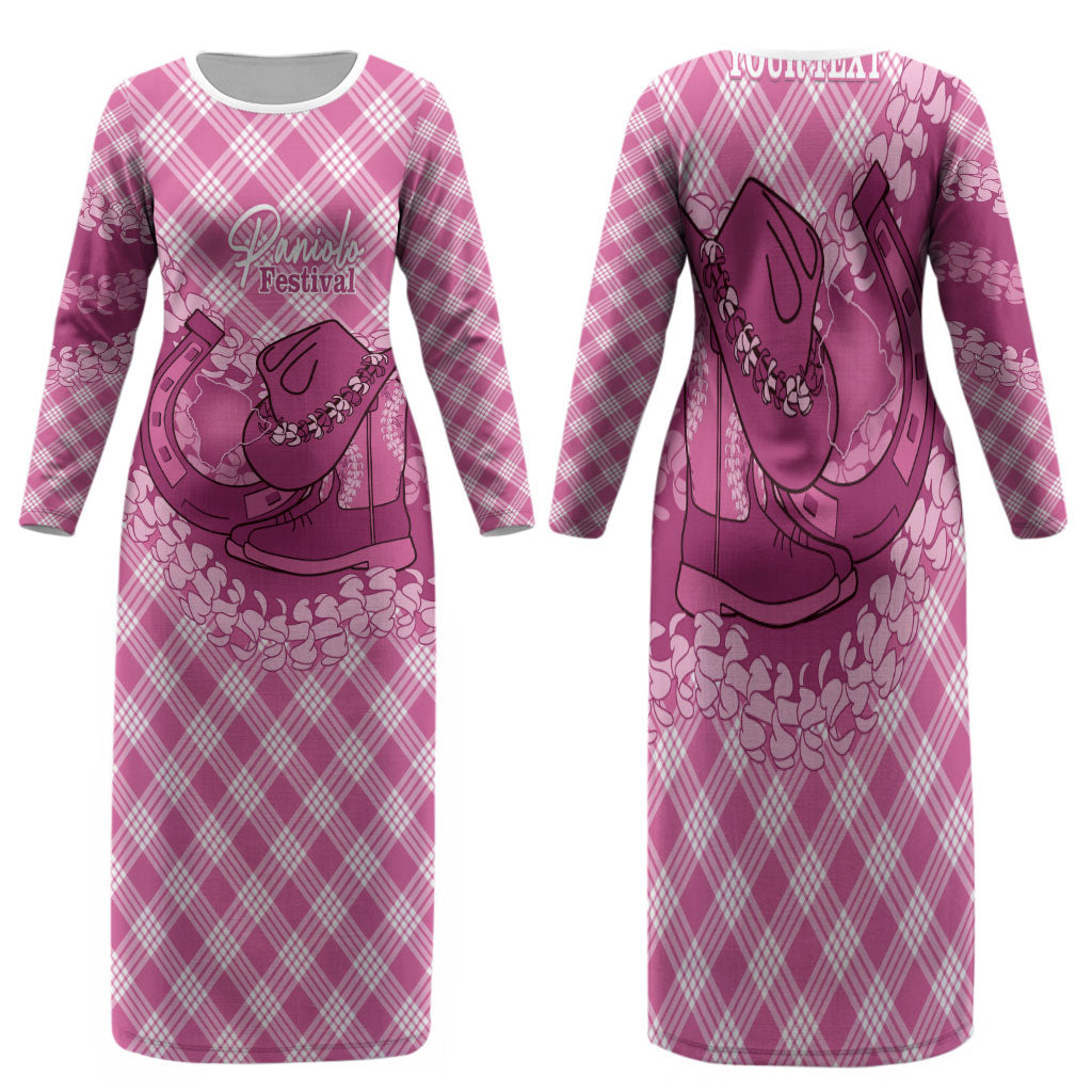 Alaka Hawaii Cowboy Palaka Motifs Personalised Family Matching Long Sleeve Bodycon Dress and Hawaiian Shirt Paniolo Festival Puakenikeni Lei LT14 Mom's Dress Pink - Polynesian Pride