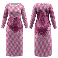Alaka Hawaii Cowboy Palaka Motifs Personalised Family Matching Long Sleeve Bodycon Dress and Hawaiian Shirt Paniolo Festival Puakenikeni Lei LT14 Mom's Dress Pink - Polynesian Pride