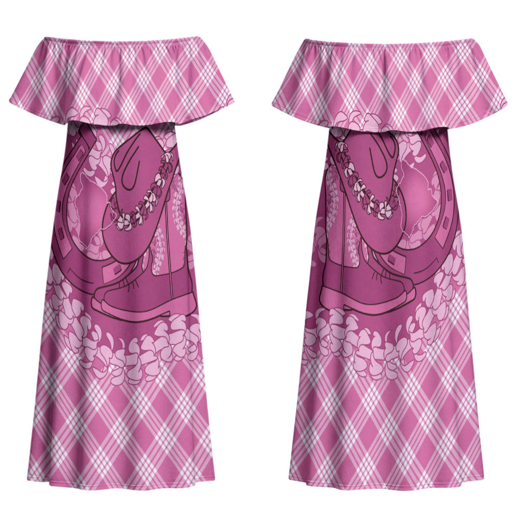 Alaka Hawaii Cowboy Palaka Motifs Personalised Family Matching Off Shoulder Maxi Dress and Hawaiian Shirt Paniolo Festival Puakenikeni Lei LT14 Mom's Dress Pink - Polynesian Pride