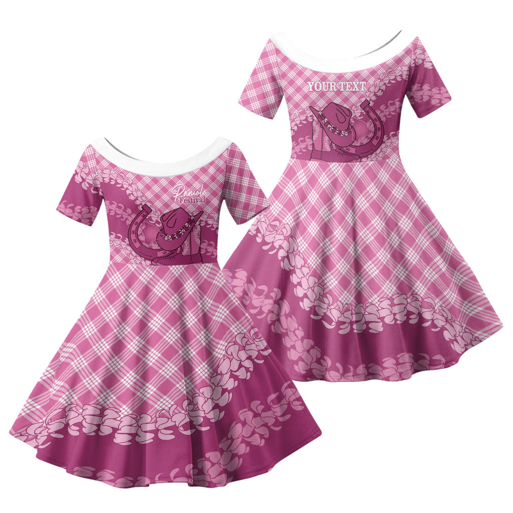 Alaka Hawaii Cowboy Palaka Motifs Personalised Family Matching Puletasi and Hawaiian Shirt Paniolo Festival Puakenikeni Lei LT14 Daughter's Dress Pink - Polynesian Pride