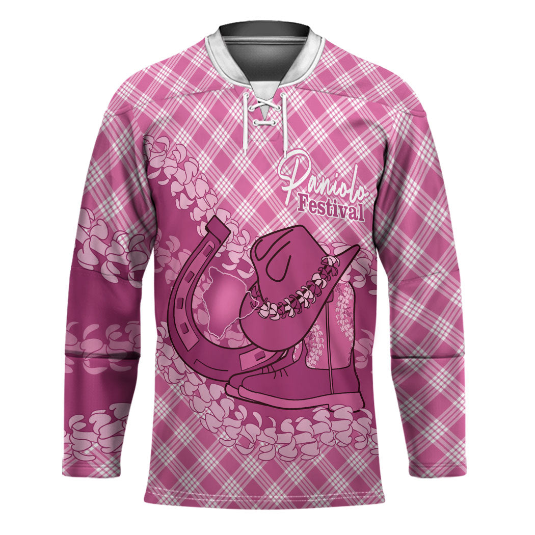 Alaka Hawaii Cowboy Palaka Motifs Personalised Hockey Jersey Paniolo Festival Puakenikeni Lei LT14 Unisex Pink - Polynesian Pride