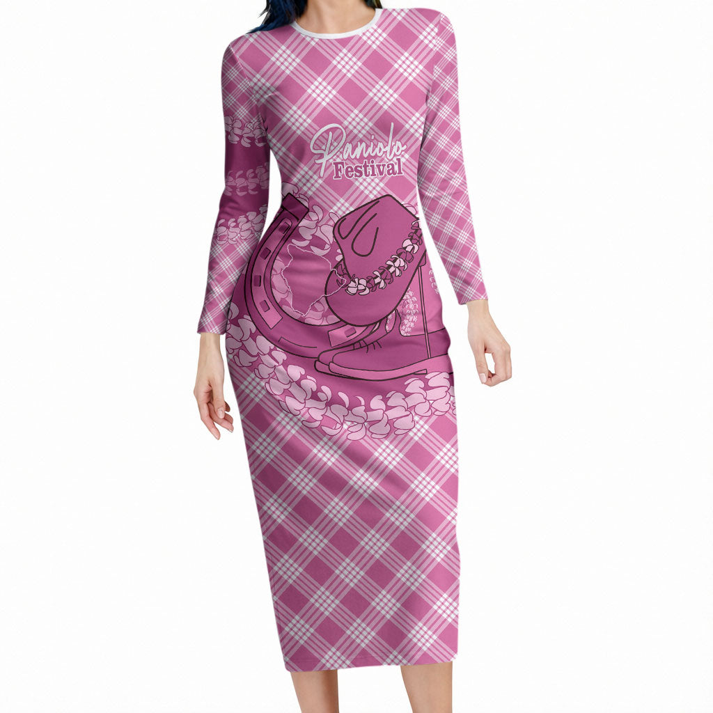 Alaka Hawaii Cowboy Palaka Motifs Personalised Long Sleeve Bodycon Dress Paniolo Festival Puakenikeni Lei LT14 Long Dress Pink - Polynesian Pride