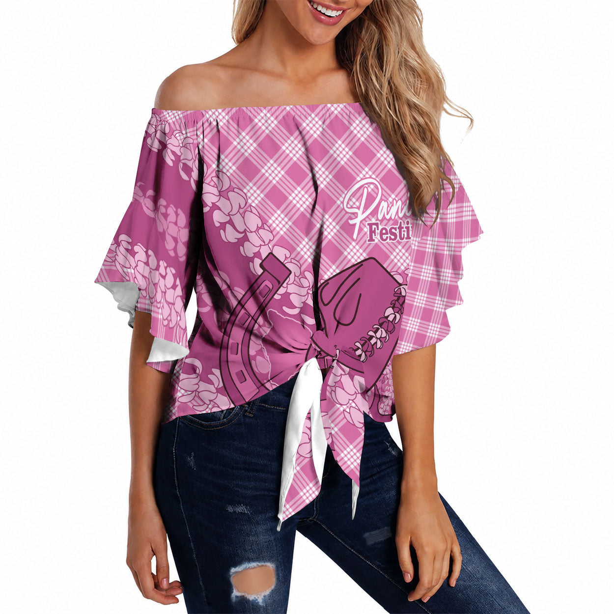 Alaka Hawaii Cowboy Palaka Motifs Personalised Off Shoulder Wrap Waist Top Paniolo Festival Puakenikeni Lei LT14 Pink - Polynesian Pride