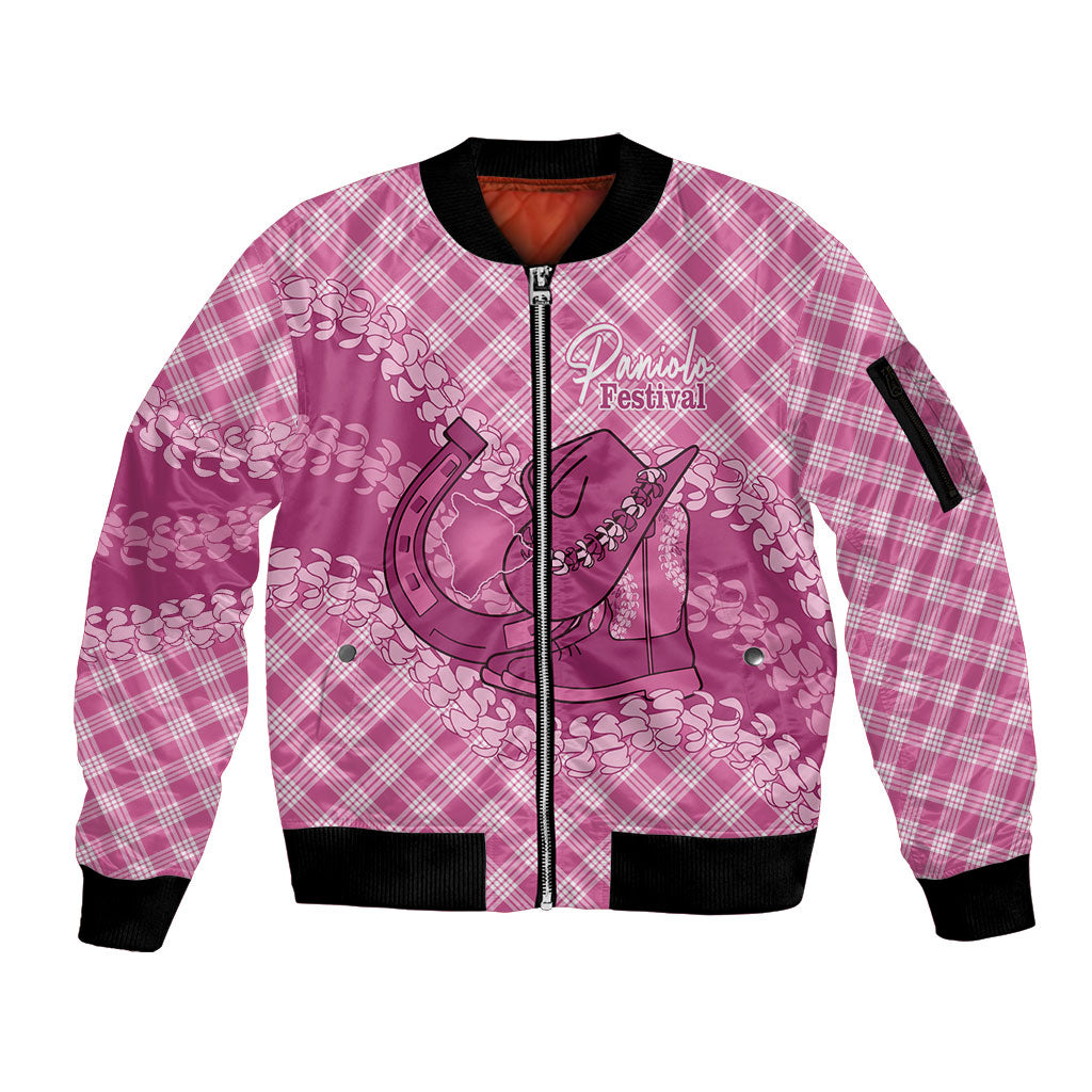 Alaka Hawaii Cowboy Palaka Motifs Personalised Sleeve Zip Bomber Jacket Paniolo Festival Puakenikeni Lei LT14 Unisex Pink - Polynesian Pride
