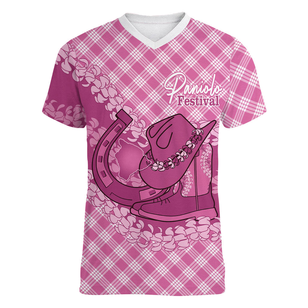 Alaka Hawaii Cowboy Palaka Motifs Personalised Women V-Neck T-Shirt Paniolo Festival Puakenikeni Lei LT14 Female Pink - Polynesian Pride