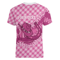 Alaka Hawaii Cowboy Palaka Motifs Personalised Women V-Neck T-Shirt Paniolo Festival Puakenikeni Lei LT14 - Polynesian Pride