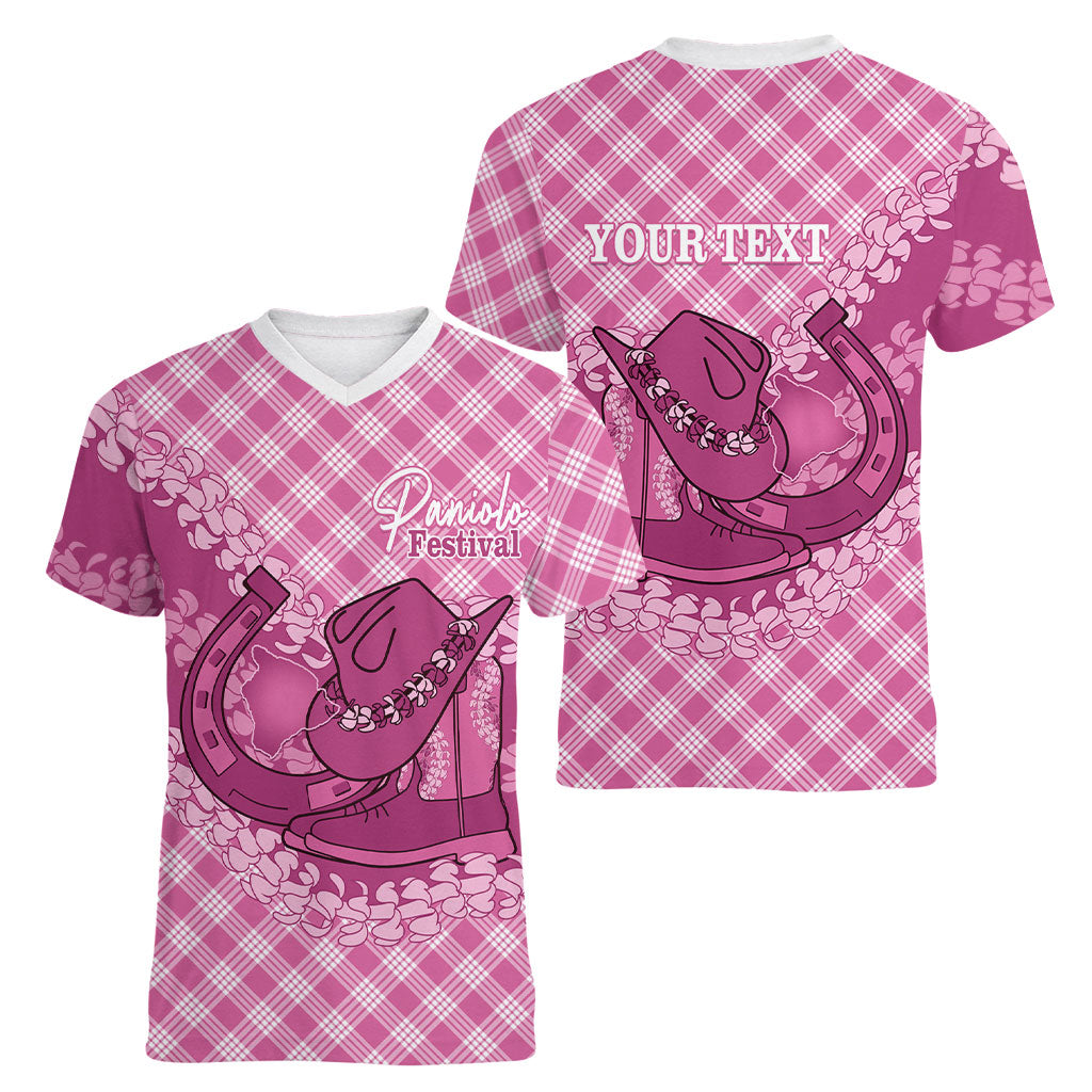 Alaka Hawaii Cowboy Palaka Motifs Personalised Women V-Neck T-Shirt Paniolo Festival Puakenikeni Lei LT14 - Polynesian Pride