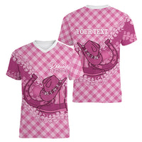Alaka Hawaii Cowboy Palaka Motifs Personalised Women V-Neck T-Shirt Paniolo Festival Puakenikeni Lei LT14 - Polynesian Pride