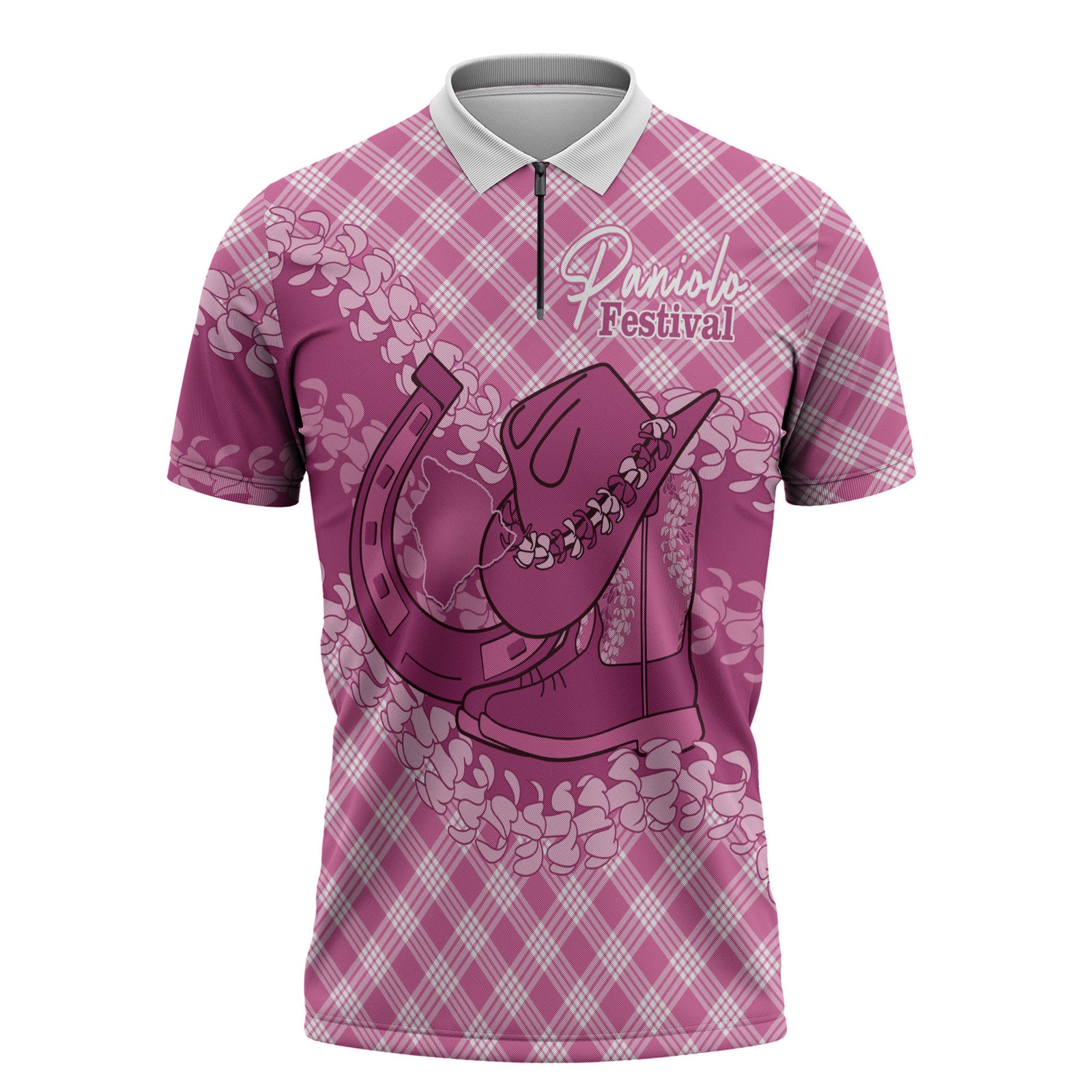Alaka Hawaii Cowboy Palaka Motifs Personalised Zipper Polo Shirt Paniolo Festival Puakenikeni Lei LT14 Pink - Polynesian Pride