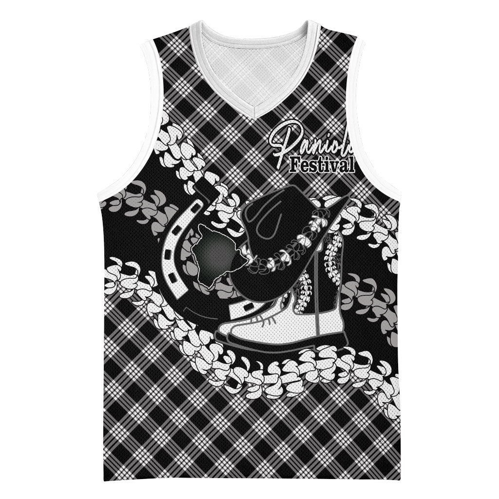 Eleele Hawaii Cowboy Palaka Motifs Personalised Basketball Jersey Paniolo Festival Puakenikeni Lei LT14 Unisex Black - Polynesian Pride