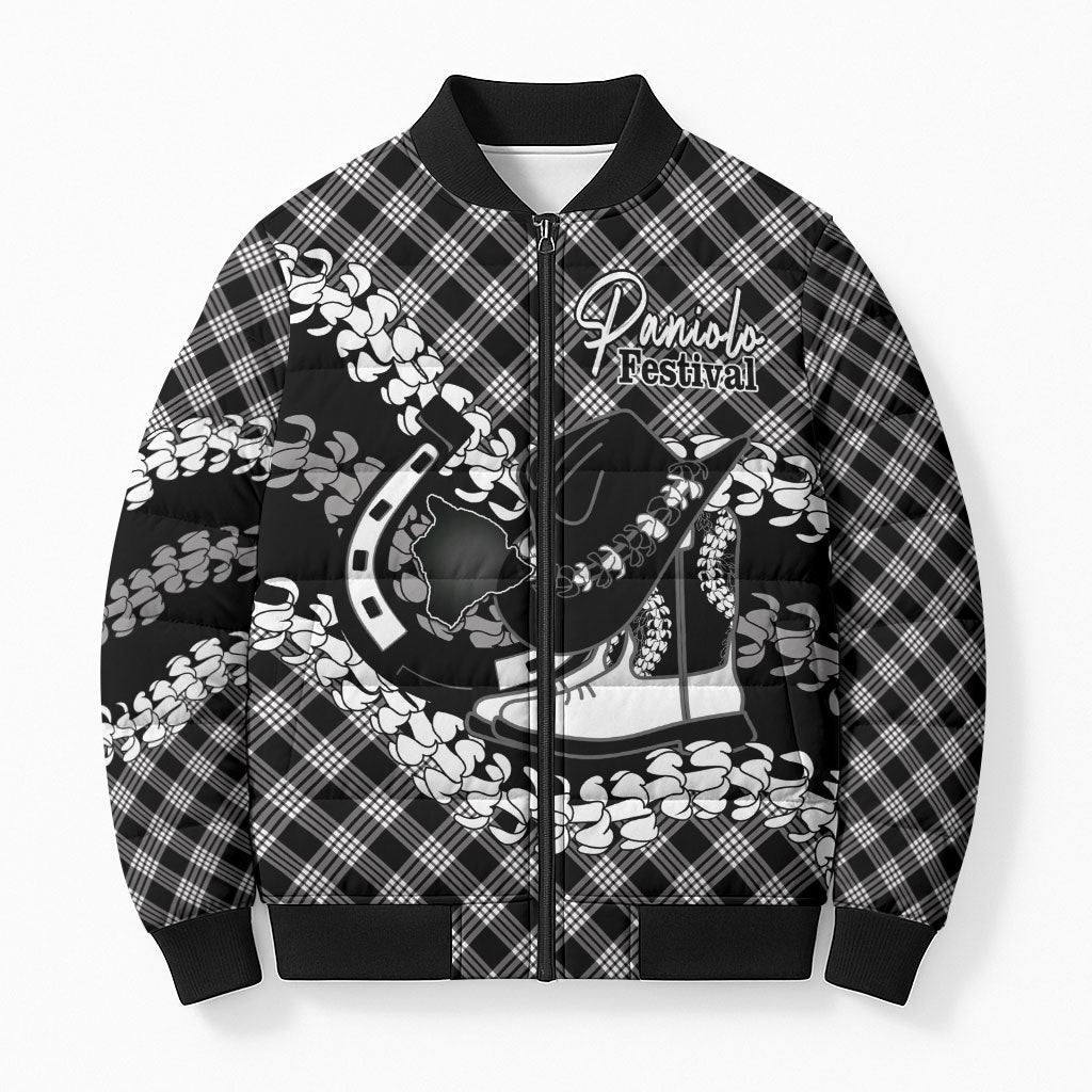 Eleele Hawaii Cowboy Palaka Motifs Personalised Bomber Puffer Jacket Paniolo Festival Puakenikeni Lei LT14 Unisex Black - Polynesian Pride