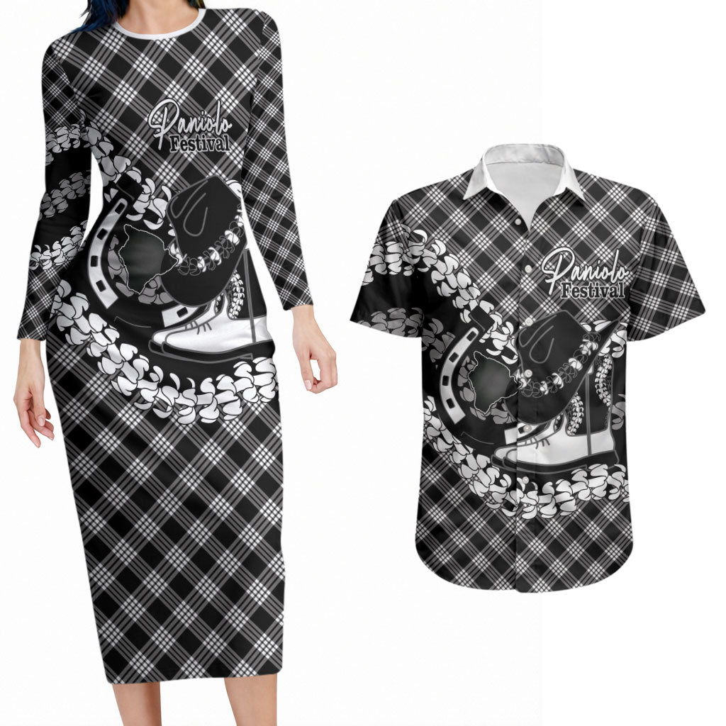 Eleele Hawaii Cowboy Palaka Motifs Personalised Couples Matching Long Sleeve Bodycon Dress and Hawaiian Shirt Paniolo Festival Puakenikeni Lei LT14 Black - Polynesian Pride