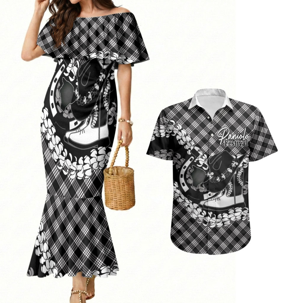 Eleele Hawaii Cowboy Palaka Motifs Personalised Couples Matching Mermaid Dress and Hawaiian Shirt Paniolo Festival Puakenikeni Lei LT14 Black - Polynesian Pride