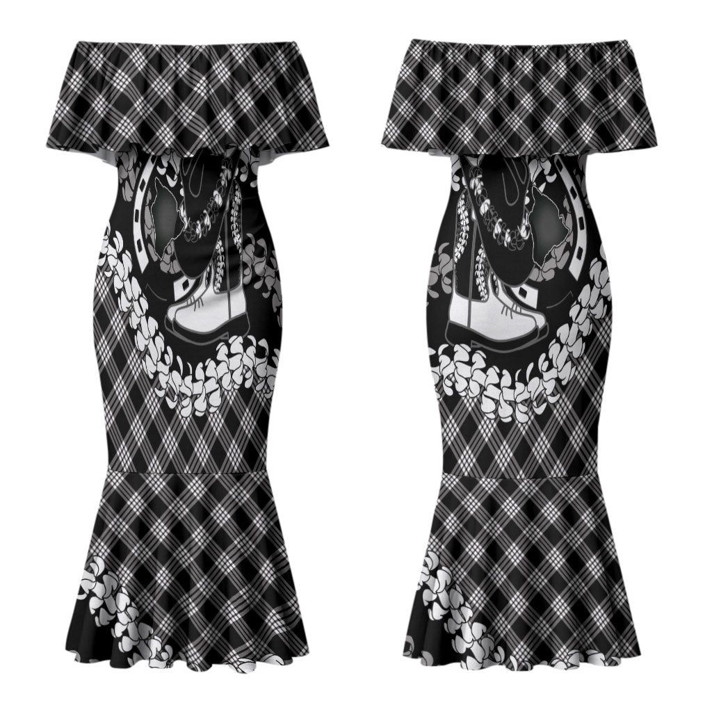 Eleele Hawaii Cowboy Palaka Motifs Personalised Couples Matching Mermaid Dress and Long Sleeve Button Shirt Paniolo Festival Puakenikeni Lei LT14 - Polynesian Pride