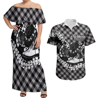 Eleele Hawaii Cowboy Palaka Motifs Personalised Couples Matching Off Shoulder Maxi Dress and Hawaiian Shirt Paniolo Festival Puakenikeni Lei LT14 Black - Polynesian Pride