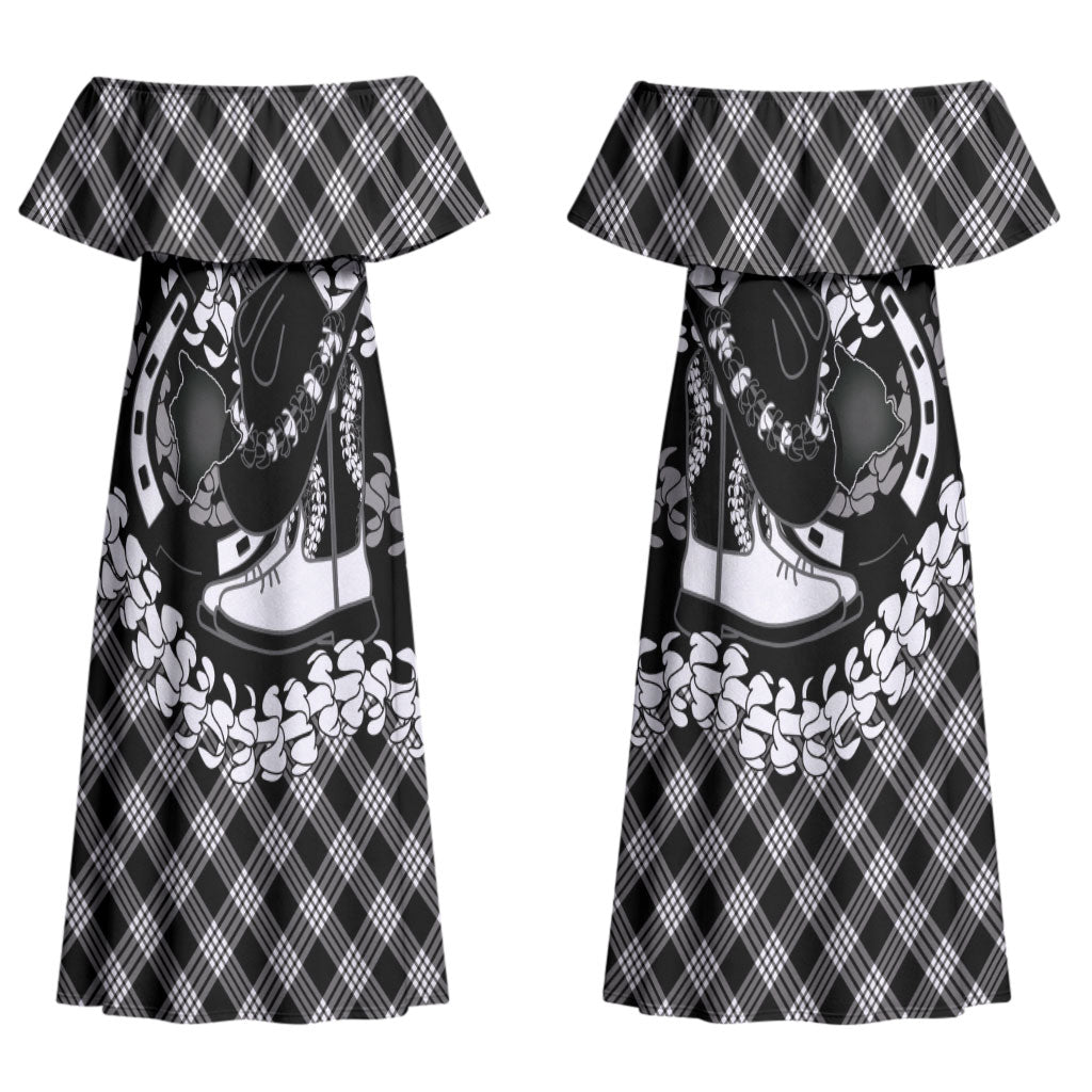 Eleele Hawaii Cowboy Palaka Motifs Personalised Couples Matching Off Shoulder Maxi Dress and Hawaiian Shirt Paniolo Festival Puakenikeni Lei LT14 - Polynesian Pride