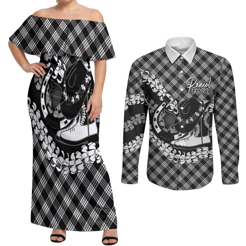 Eleele Hawaii Cowboy Palaka Motifs Personalised Couples Matching Off Shoulder Maxi Dress and Long Sleeve Button Shirt Paniolo Festival Puakenikeni Lei LT14 Black - Polynesian Pride
