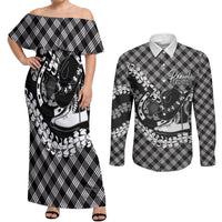 Eleele Hawaii Cowboy Palaka Motifs Personalised Couples Matching Off Shoulder Maxi Dress and Long Sleeve Button Shirt Paniolo Festival Puakenikeni Lei LT14 Black - Polynesian Pride