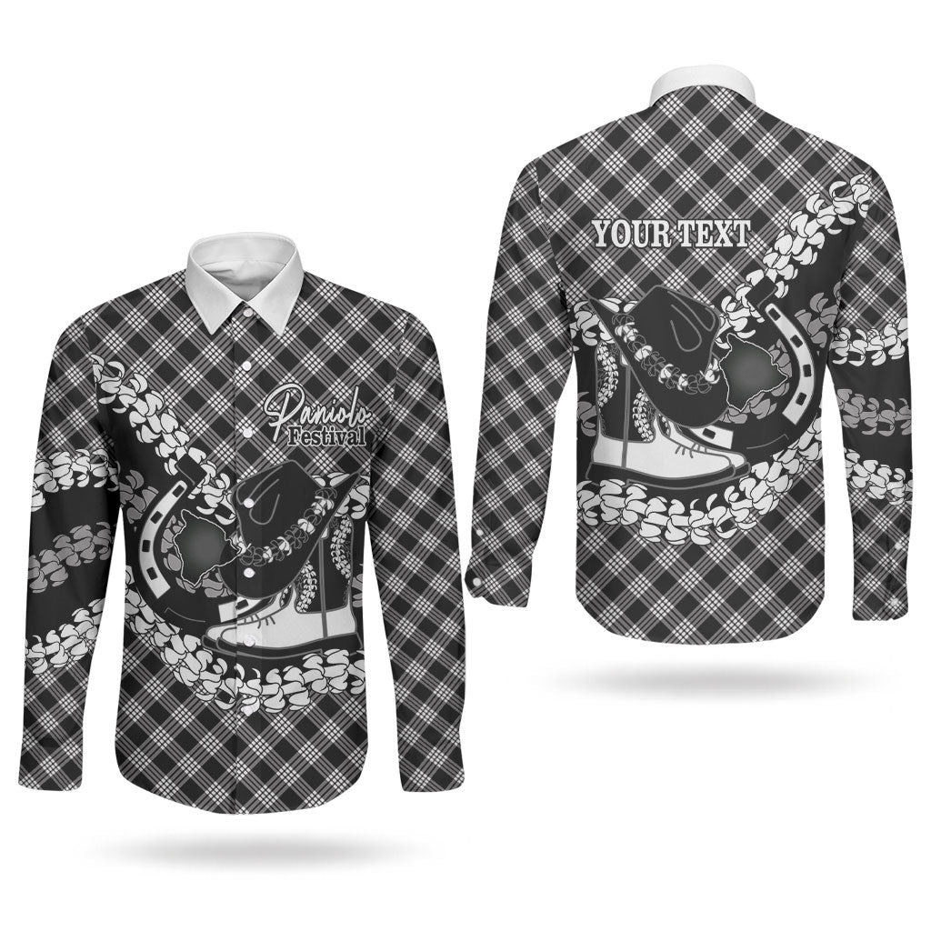 Eleele Hawaii Cowboy Palaka Motifs Personalised Couples Matching Off Shoulder Maxi Dress and Long Sleeve Button Shirt Paniolo Festival Puakenikeni Lei LT14 - Polynesian Pride