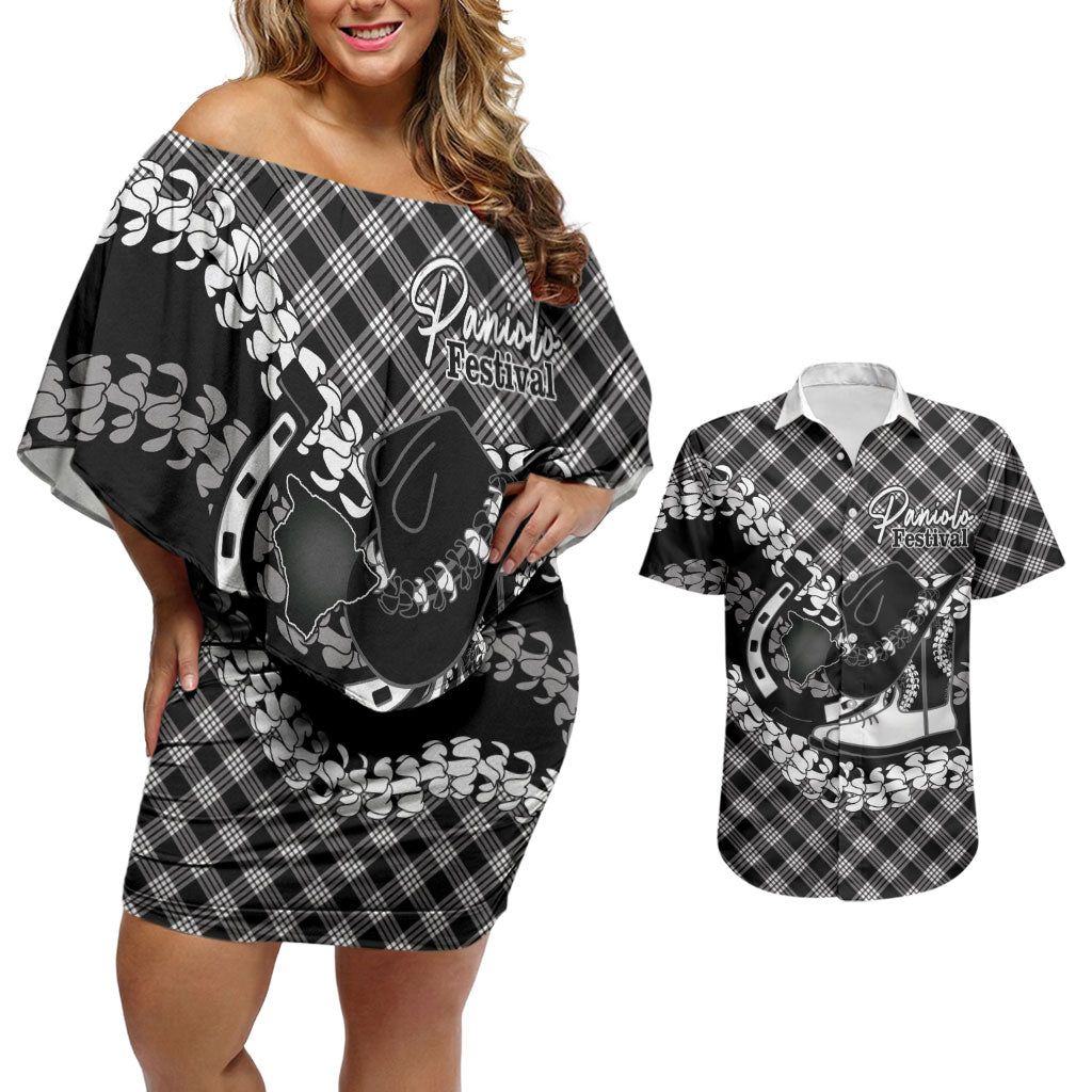 Eleele Hawaii Cowboy Palaka Motifs Personalised Couples Matching Off Shoulder Short Dress and Hawaiian Shirt Paniolo Festival Puakenikeni Lei LT14 Black - Polynesian Pride
