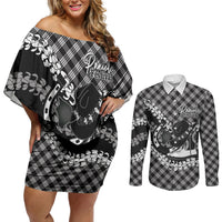 Eleele Hawaii Cowboy Palaka Motifs Personalised Couples Matching Off Shoulder Short Dress and Long Sleeve Button Shirt Paniolo Festival Puakenikeni Lei LT14 Black - Polynesian Pride