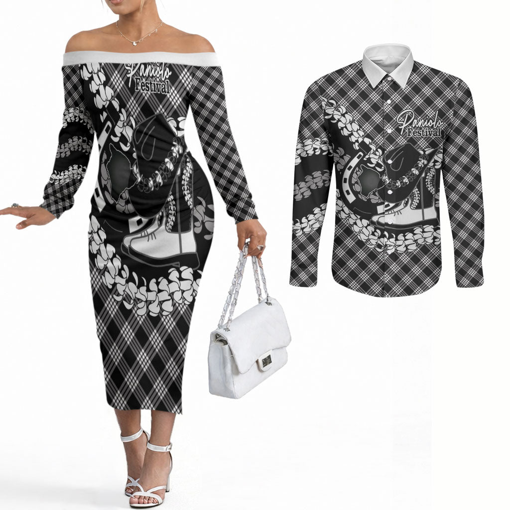 Eleele Hawaii Cowboy Palaka Motifs Personalised Couples Matching Off The Shoulder Long Sleeve Dress and Long Sleeve Button Shirt Paniolo Festival Puakenikeni Lei LT14 Black - Polynesian Pride