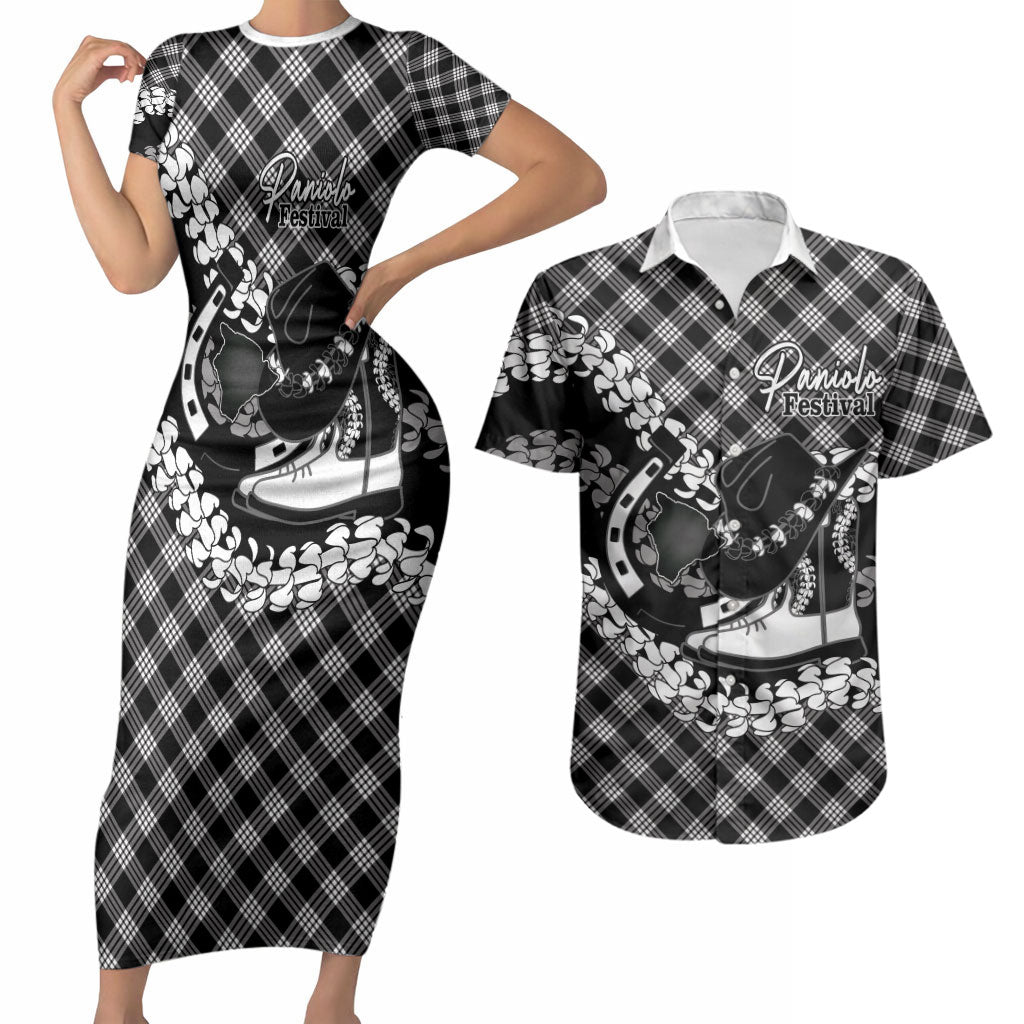 Eleele Hawaii Cowboy Palaka Motifs Personalised Couples Matching Short Sleeve Bodycon Dress and Hawaiian Shirt Paniolo Festival Puakenikeni Lei LT14 Black - Polynesian Pride
