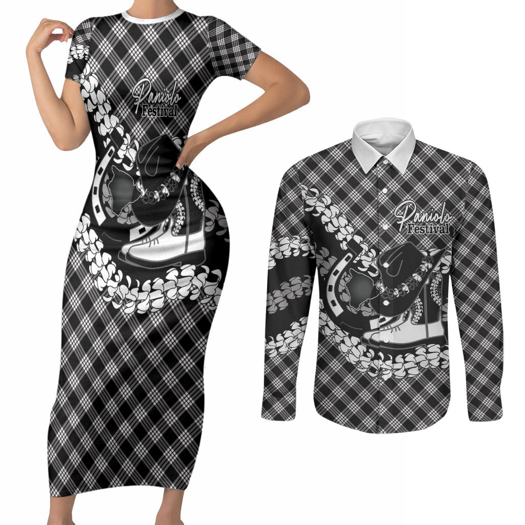 Eleele Hawaii Cowboy Palaka Motifs Personalised Couples Matching Short Sleeve Bodycon Dress and Long Sleeve Button Shirt Paniolo Festival Puakenikeni Lei LT14 Black - Polynesian Pride