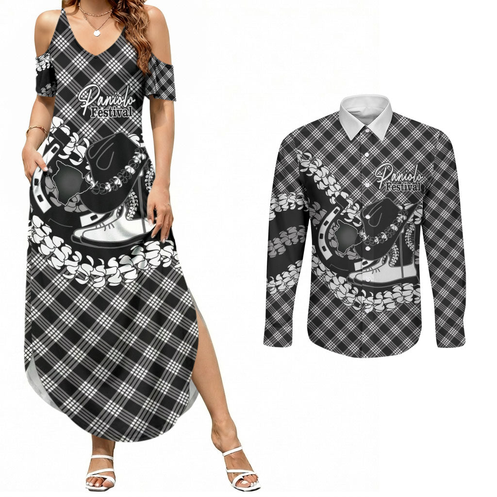 Eleele Hawaii Cowboy Palaka Motifs Personalised Couples Matching Summer Maxi Dress and Long Sleeve Button Shirt Paniolo Festival Puakenikeni Lei LT14 Black - Polynesian Pride