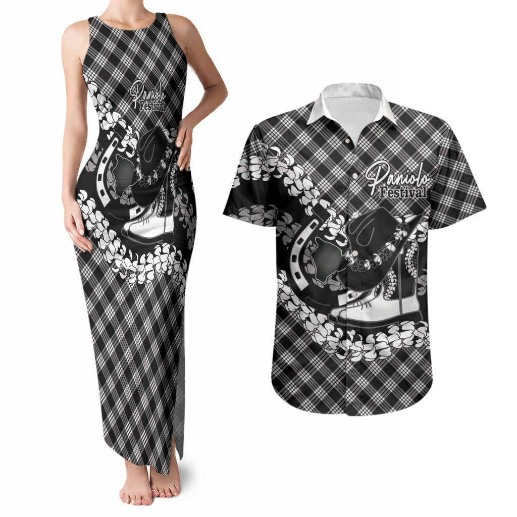 Eleele Hawaii Cowboy Palaka Motifs Personalised Couples Matching Tank Maxi Dress and Hawaiian Shirt Paniolo Festival Puakenikeni Lei LT14 Black - Polynesian Pride