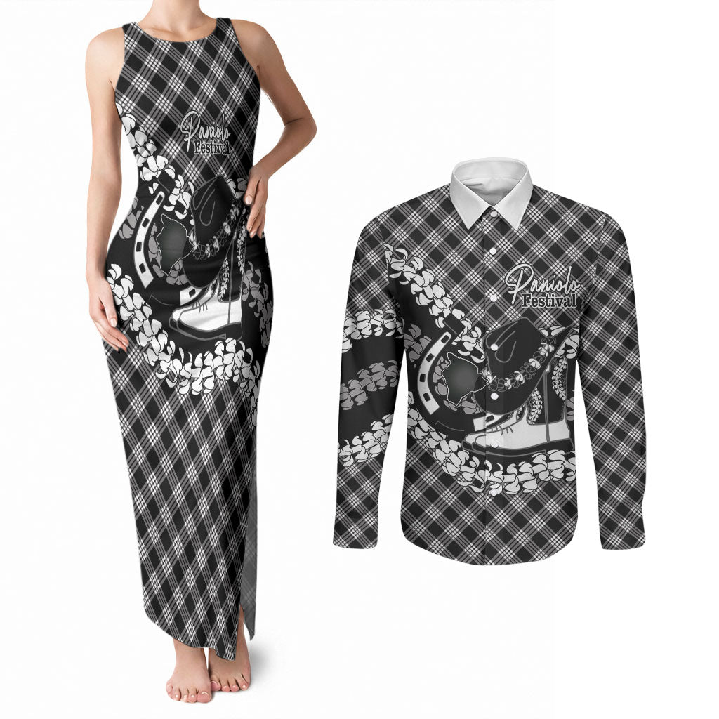 Eleele Hawaii Cowboy Palaka Motifs Personalised Couples Matching Tank Maxi Dress and Long Sleeve Button Shirt Paniolo Festival Puakenikeni Lei LT14 Black - Polynesian Pride