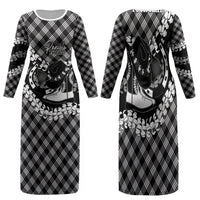 Eleele Hawaii Cowboy Palaka Motifs Personalised Family Matching Long Sleeve Bodycon Dress and Hawaiian Shirt Paniolo Festival Puakenikeni Lei LT14 Mom's Dress Black - Polynesian Pride