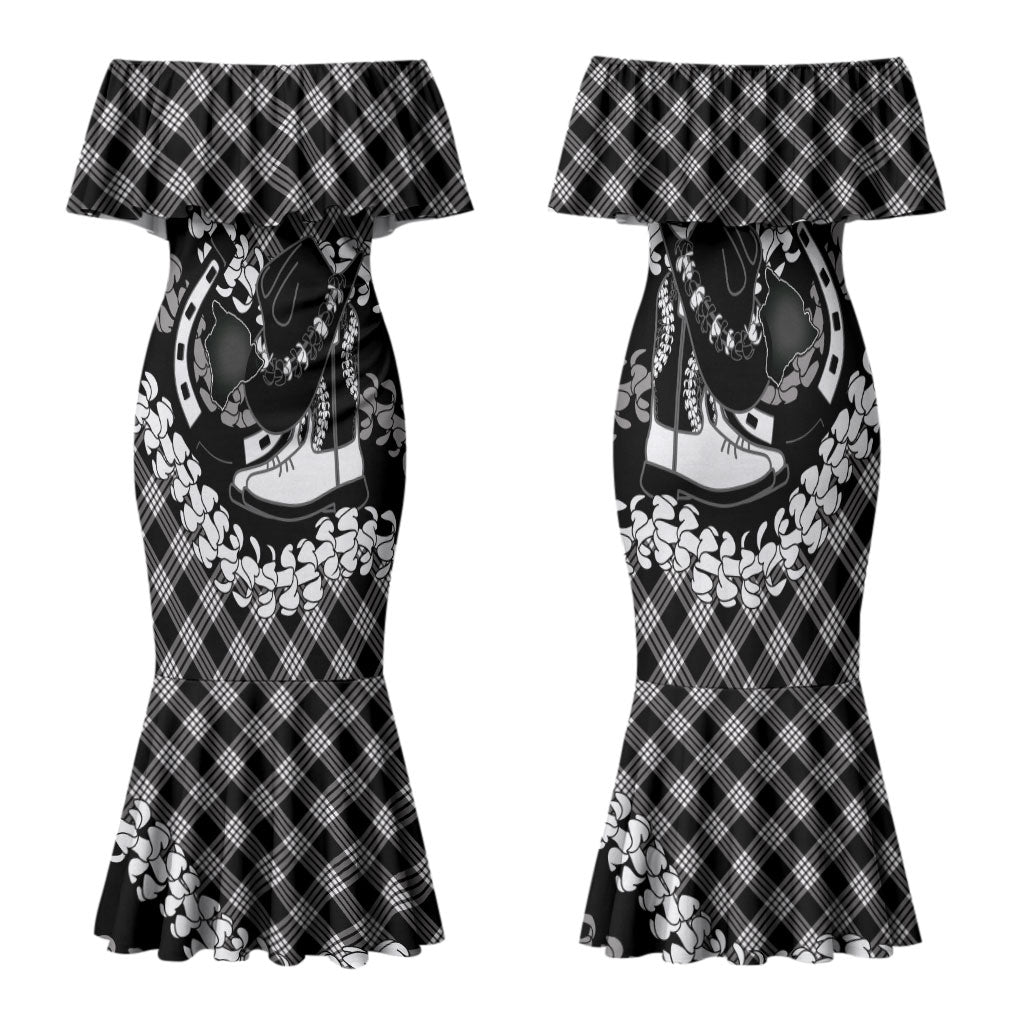 Eleele Hawaii Cowboy Palaka Motifs Personalised Family Matching Mermaid Dress and Hawaiian Shirt Paniolo Festival Puakenikeni Lei LT14 Mom's Dress Black - Polynesian Pride