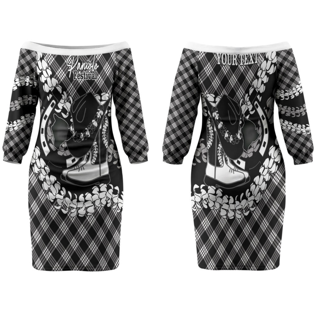 Eleele Hawaii Cowboy Palaka Motifs Personalised Family Matching Off The Shoulder Long Sleeve Dress and Hawaiian Shirt Paniolo Festival Puakenikeni Lei LT14 Mom's Dress Black - Polynesian Pride