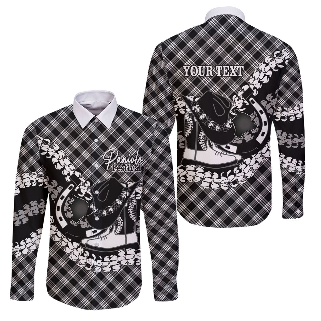 Eleele Hawaii Cowboy Palaka Motifs Personalised Family Matching Off Shoulder Maxi Dress and Hawaiian Shirt Paniolo Festival Puakenikeni Lei LT14 Dad's Shirt - Long Sleeve Black - Polynesian Pride