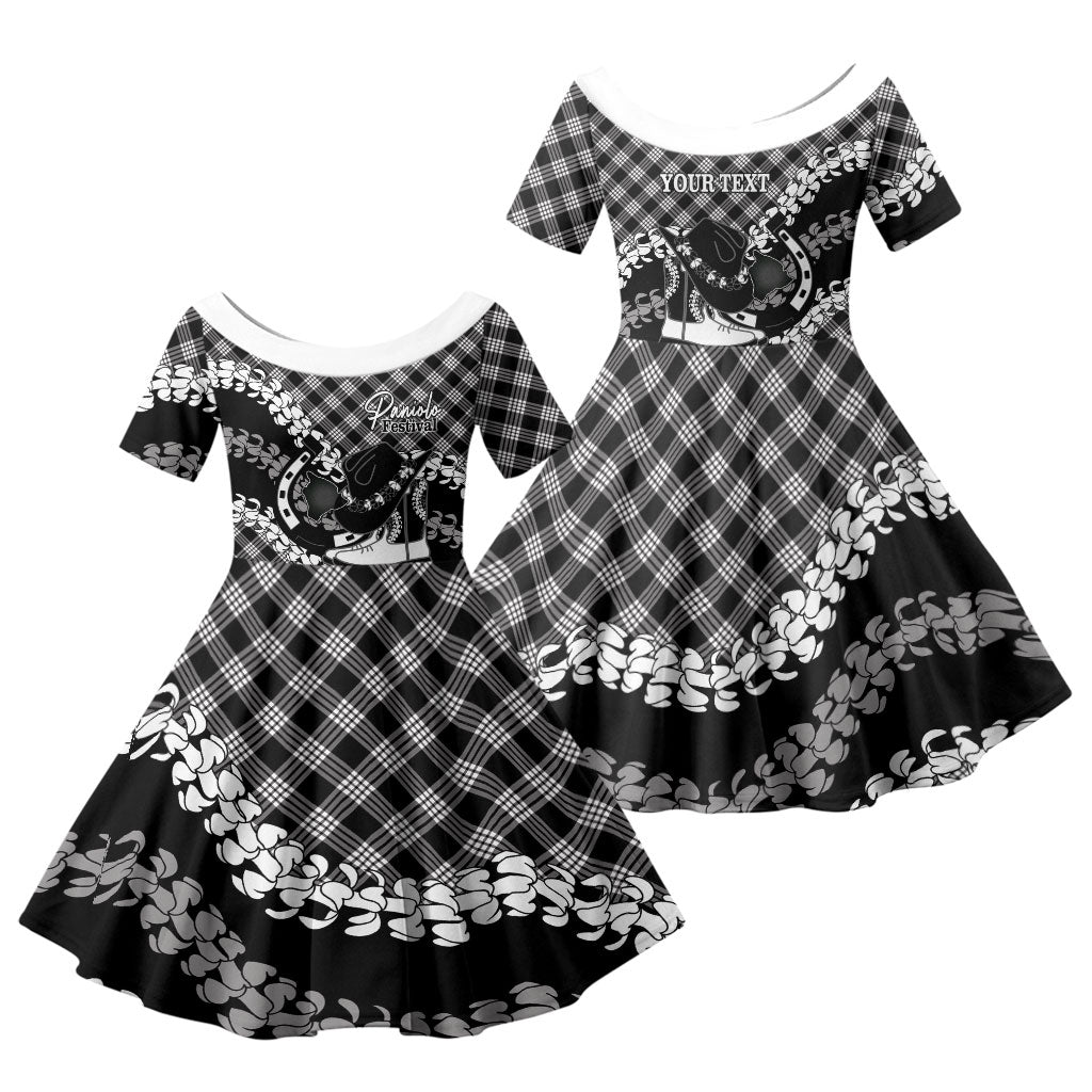Eleele Hawaii Cowboy Palaka Motifs Personalised Family Matching Puletasi and Hawaiian Shirt Paniolo Festival Puakenikeni Lei LT14 Daughter's Dress Black - Polynesian Pride