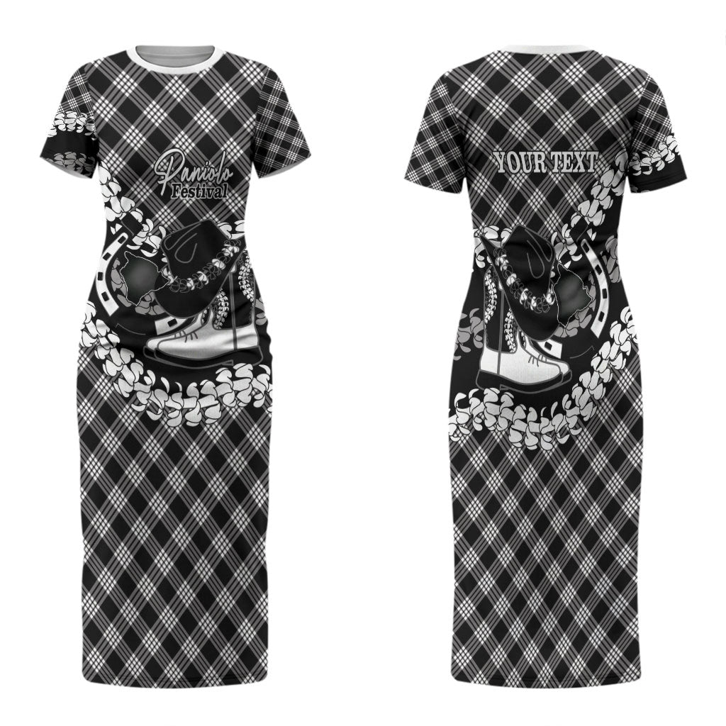 Eleele Hawaii Cowboy Palaka Motifs Personalised Family Matching Short Sleeve Bodycon Dress and Hawaiian Shirt Paniolo Festival Puakenikeni Lei LT14 Mom's Dress Black - Polynesian Pride