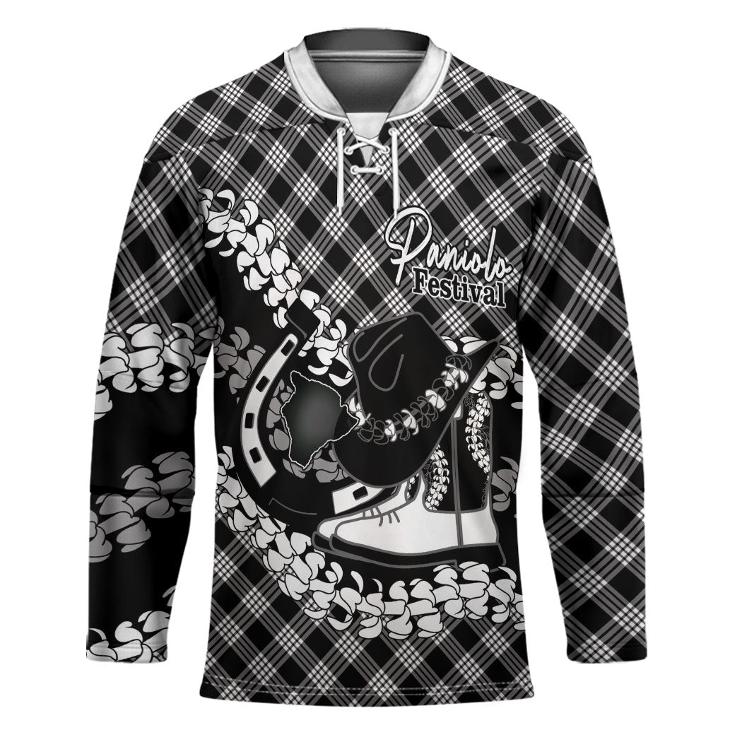 Eleele Hawaii Cowboy Palaka Motifs Personalised Hockey Jersey Paniolo Festival Puakenikeni Lei LT14 Unisex Black - Polynesian Pride