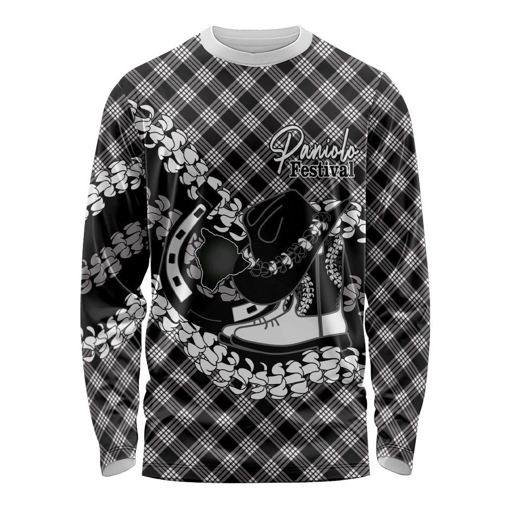 Eleele Hawaii Cowboy Palaka Motifs Personalised Long Sleeve Shirt Paniolo Festival Puakenikeni Lei LT14 Unisex Black - Polynesian Pride